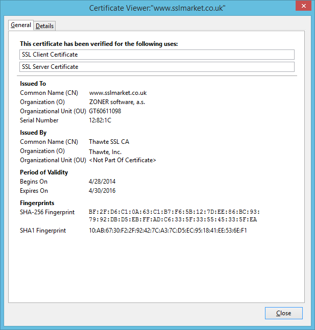 displaying the Thawte Web Server certificate in a browser