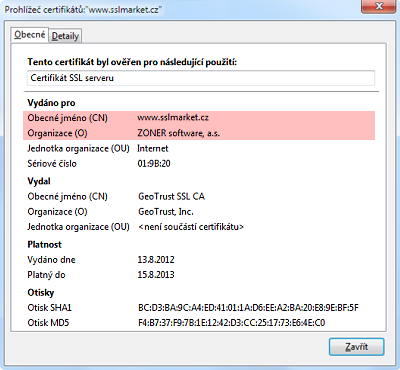 Detail certifikátu s OV ověřením v prohlížeči