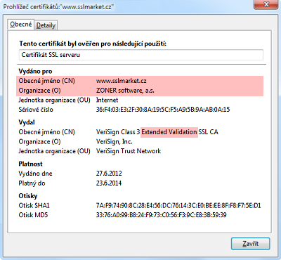 Detail certifikátu s EV ověřením v prohlížeči